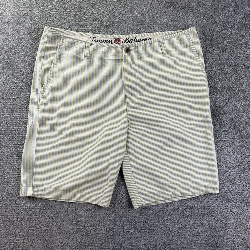 Tommy Bahama Mens 36 Striped Flat Front Shorts Blue Yellow Seersucker Textured